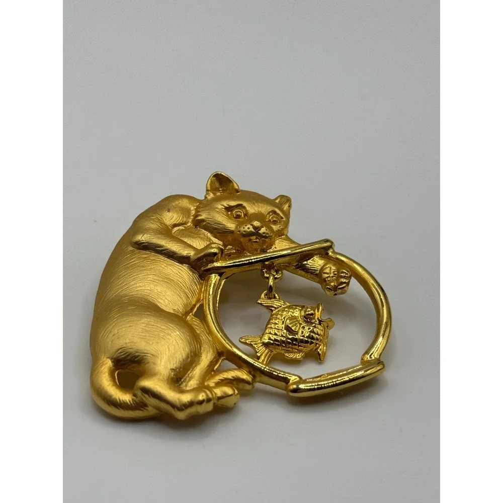 Vintage JJ Jonette Cat Fishbowl Brooch Gold Tone Pin